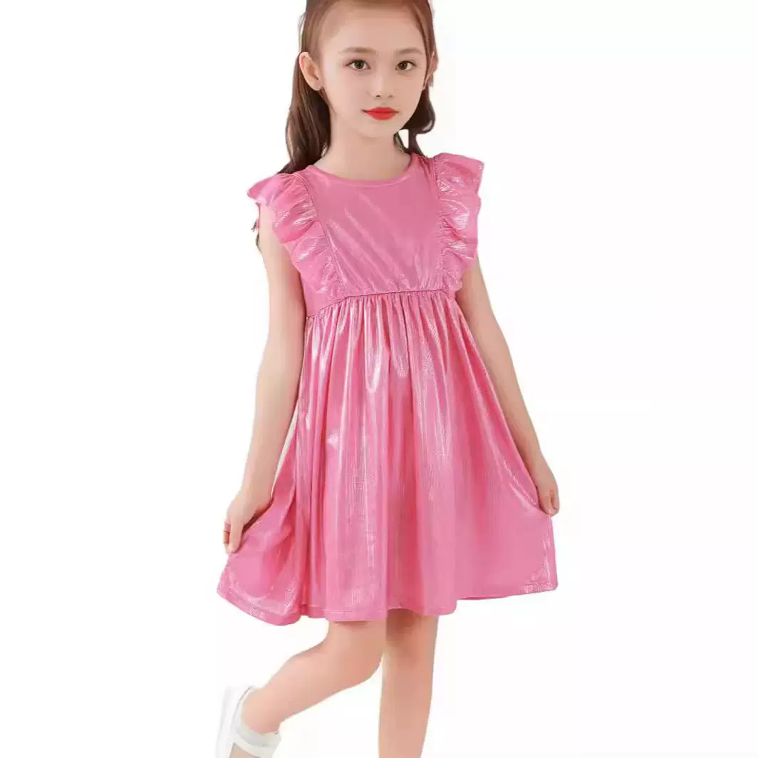 2024新款外贸儿童飞机袖无袖连衣裙亚马逊爆款亮丝装扮裙子泡泡袖