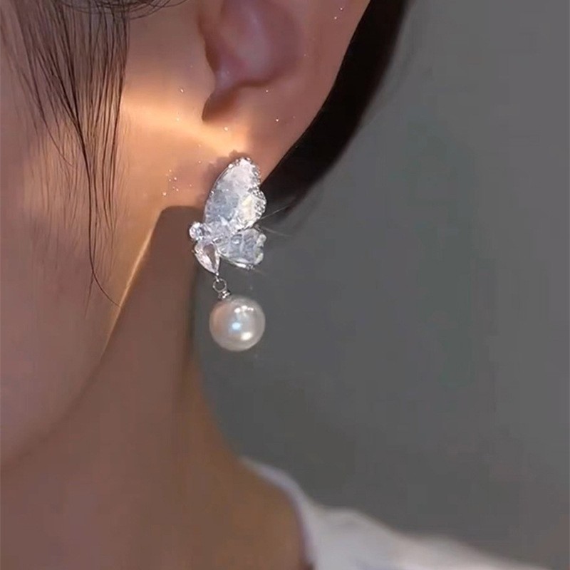 Aguja de plata, estilo de vacaciones azul, pendientes de lazo de flores suaves, pendientes de moda fresca, pendientes de ambiente dulce