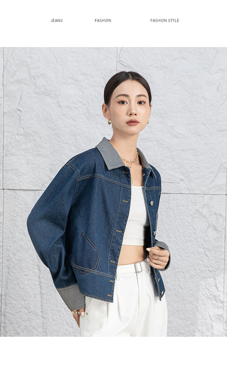 Áo khoác denim nữ dáng ngắn cổ bẻ, phong cách Hàn Quốc — Xanh lam hoài cổ chi tiết 19