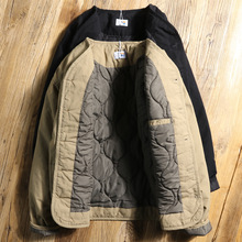 冬季日系复古宽松无领棉服外套男 工装保暖棉衣情侣潮V领开衫夹克