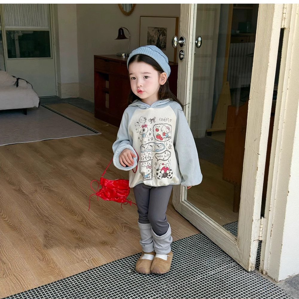 女童连帽卫衣秋装2025新款女孩韩系卡通印花拼色上衣宝宝百搭衣服