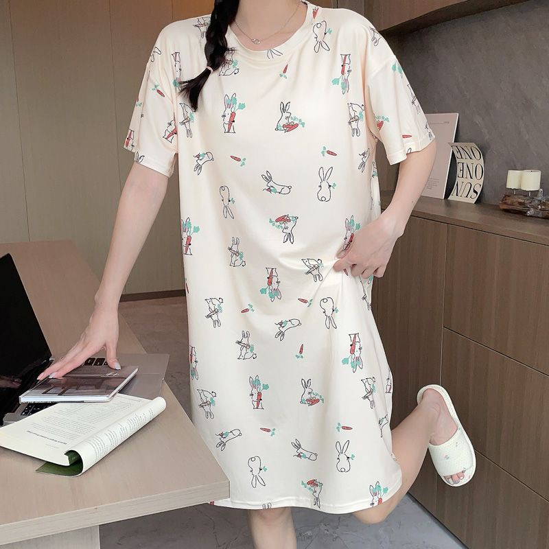 Nuevo pijama de verano transfronterizo, algodón de imitación para mujer, almohadilla para el pecho, camisón, estampado de dibujos animados, servicio a domicilio de manga corta de gran tamaño