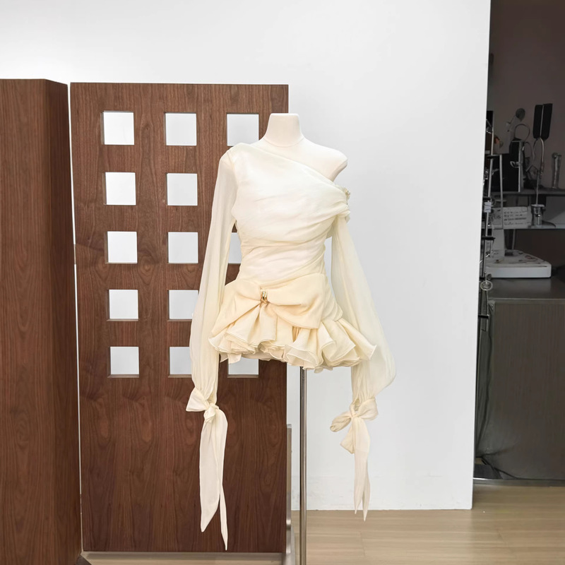 French Gentle Daughter Style Three-Dimensional Bow Off-Shoulder Shirt Dress Feminine Simple Slim Fit Tutu Skirt