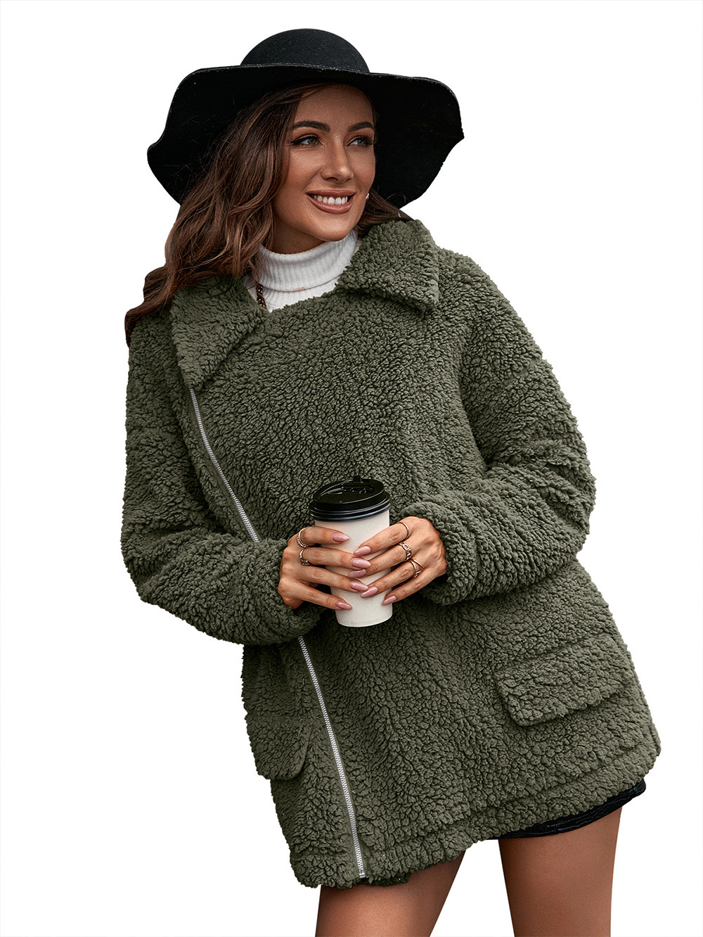 Damenbekleidung lässig locker verdickter Bubble-Samt-Reißverschluss Pelzmantel Revers Lammplüsch Windjacke_voghion.com