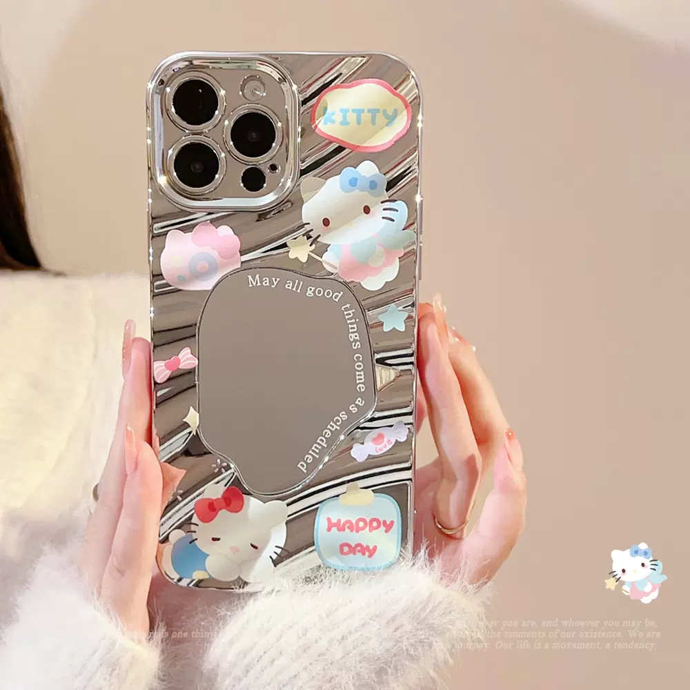 少女心猫咪iPhone15promax苹果手机壳14补妆镜11卡通13电镀16日系