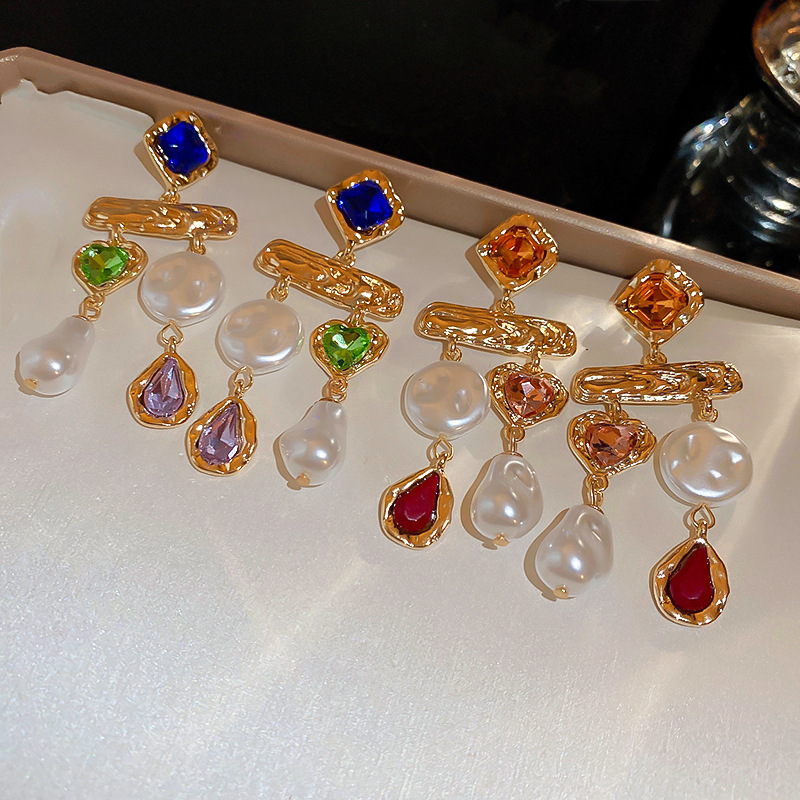925 Sterling Silver Ear Needle Material 1 Pair Retro Water Droplets Inlay Alloy Rhinestones Drop Earrings
