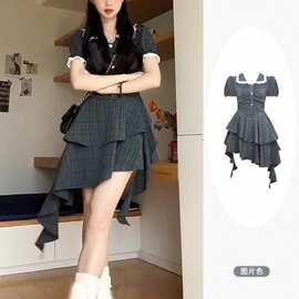 茶歇法式不规则格子连衣裙子女夏季新款气质绝美收腰蛋糕短裙