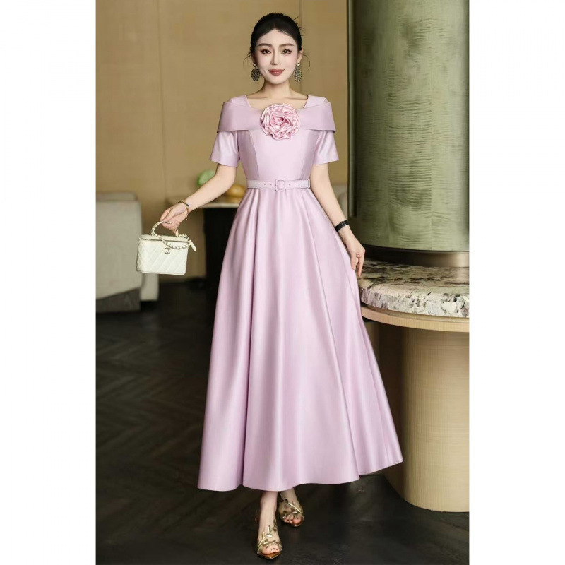 2026 Summer High-End Elegant and Youthful Floral Waist-Cinching Three-Dimensional Flared Shiny Light Gown Dress Long Dress 2026 Summer High-End Elegant and Youthful Floral Waist-Cinching Three-Dimensional Flared Shiny Light Gown Dress Long Dress