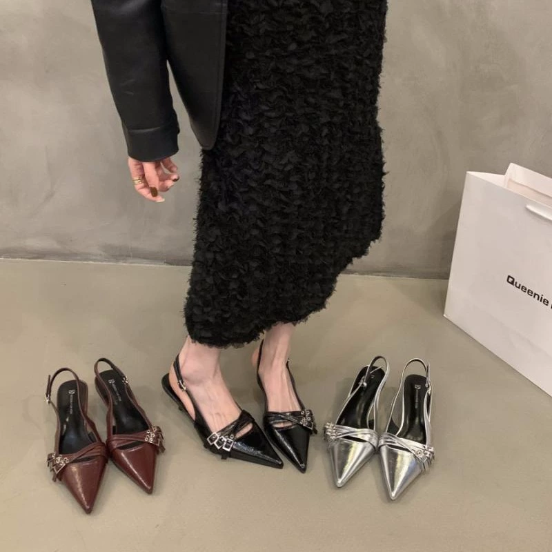 Нишевые туфли на высоком каблуке с красным носком, сандалии-фея, новинка весны и лета 2024, черные французские остроносые туфли