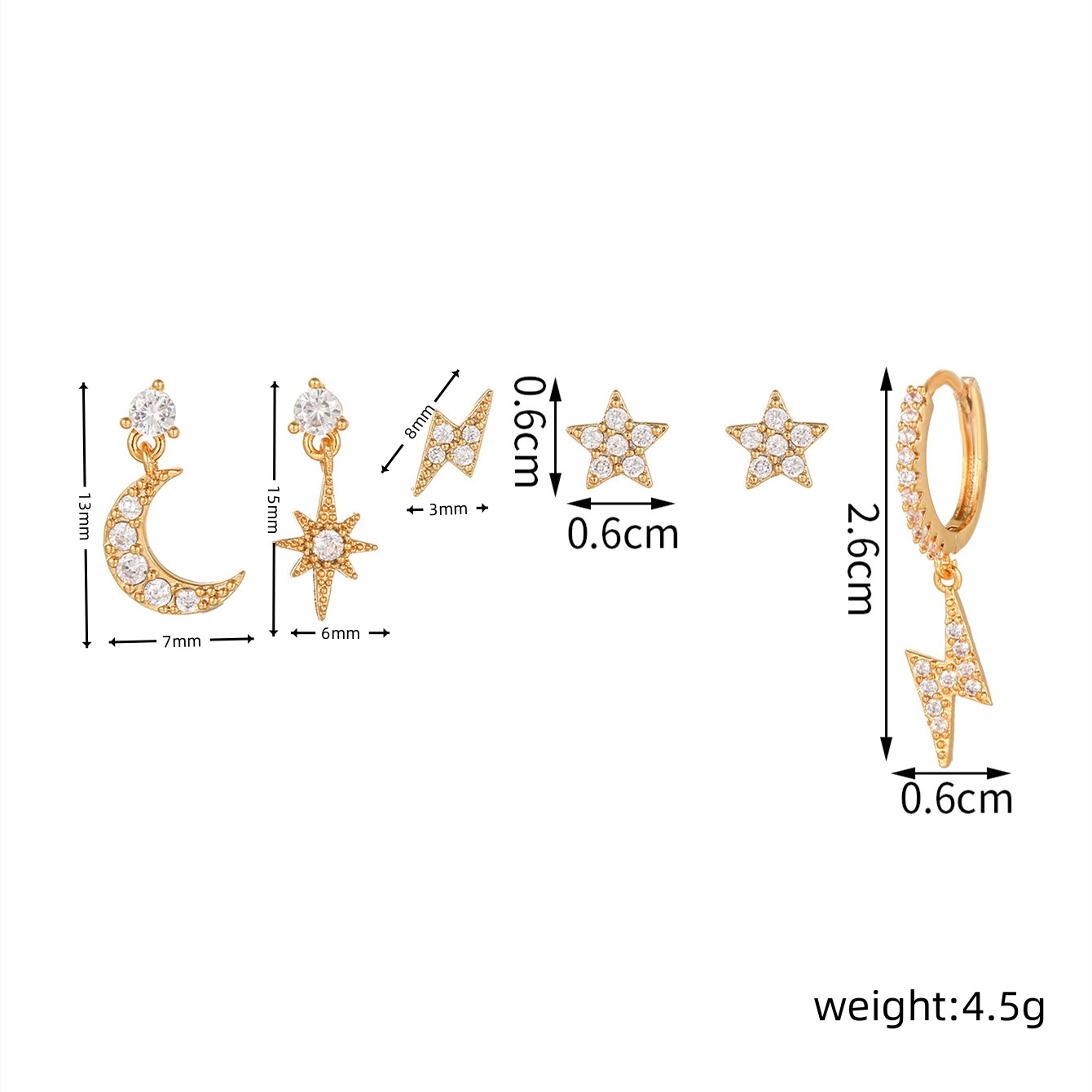 Women'S Gender 6 Pieces Fashion Star Moon Lightning Copper Plating Zircon Earrings
