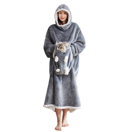 Warm Cotton Clothing, Wearable Hooded Tv Blanket, Lamb Wool Flannel Nightgown, Winter Extended Length, Cross-Border Wholesale in Stock