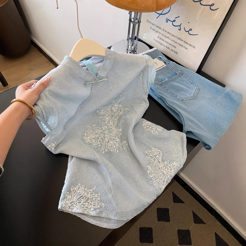 New Chinese Style National Style Plate Buckle Heavy Sequin Embroidery Stand Collar Short-Sleeved Shirt Elegant Ladies Design Blue Top