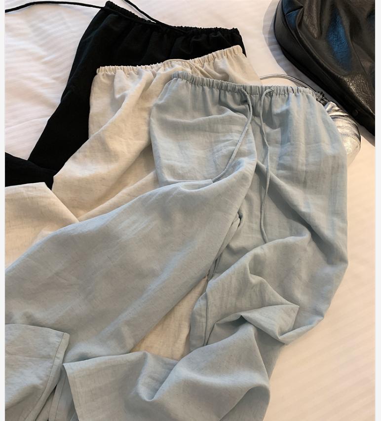 Quần culottes nữ ống rộng cạp chun rút dây chất liệu linen phối tencel dáng dài mùa hè — màu đen, Trà trắng, xanh lam chi tiết 2