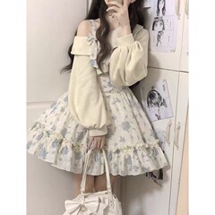 洛丽塔连衣裙秋冬新款学院风碎花吊带裙甜美露肩蓬蓬蛋糕裙少女