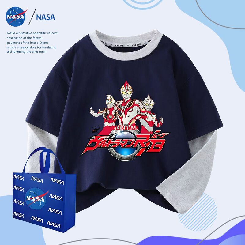 NASA春秋洋气奥特曼中大童保暖上衣T恤休闲纯棉儿童假两件长袖|undefined
