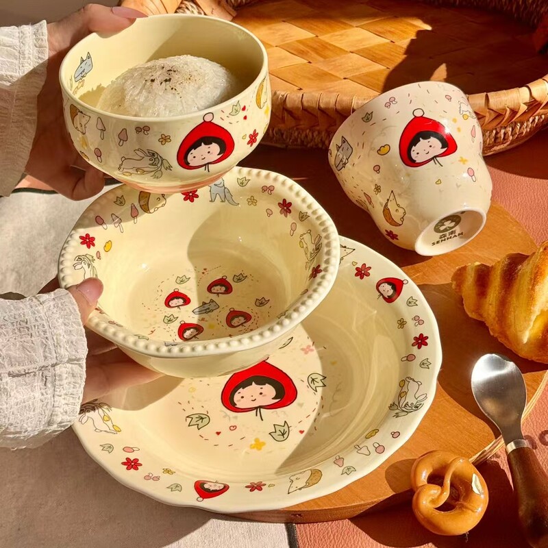 Red Hat Girl's High-Looking, Personalized Ceramic Rice Bowl, Beautiful Bowl and Plate for Home Use, Dessert Yogurt Bowl
