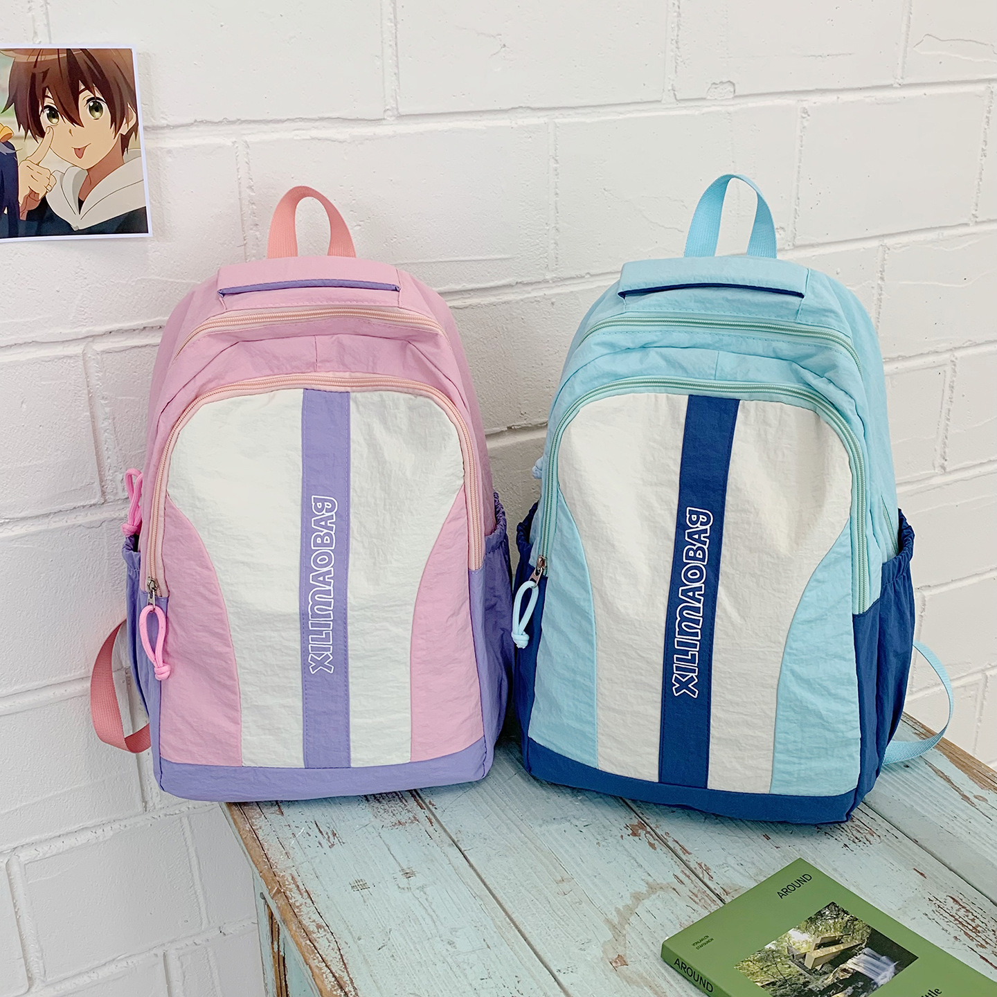 Korean Version Dopamine Color-Blocking Backpack for Women, Versatile College Student Bag, High-Value Cute Pain Bag, Junior High School Student Backpack