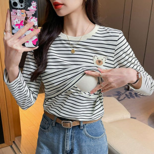 Real shot in stock breast-feeding clothing autumn and winter long sleeve breast-feeding T-shirt postpartum all-match slimming breast-feeding base striped top