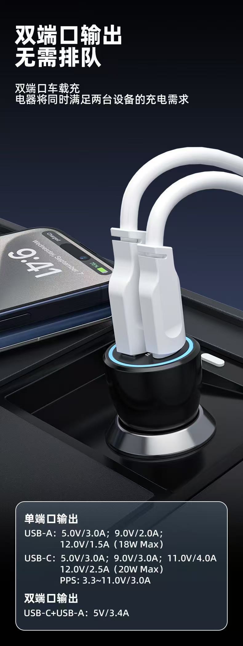 Cross-border super-fast charging multi-functional cigarette lighter adapter, dual-port, full-protocol 66W car charger