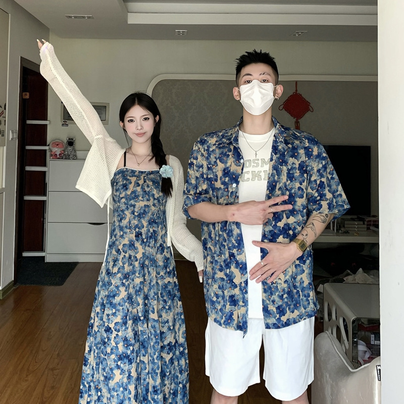 2024 여름 커플 의류 여성 티 브레이크 프렌치 레트로 꽃 스트랩 비치 원피스