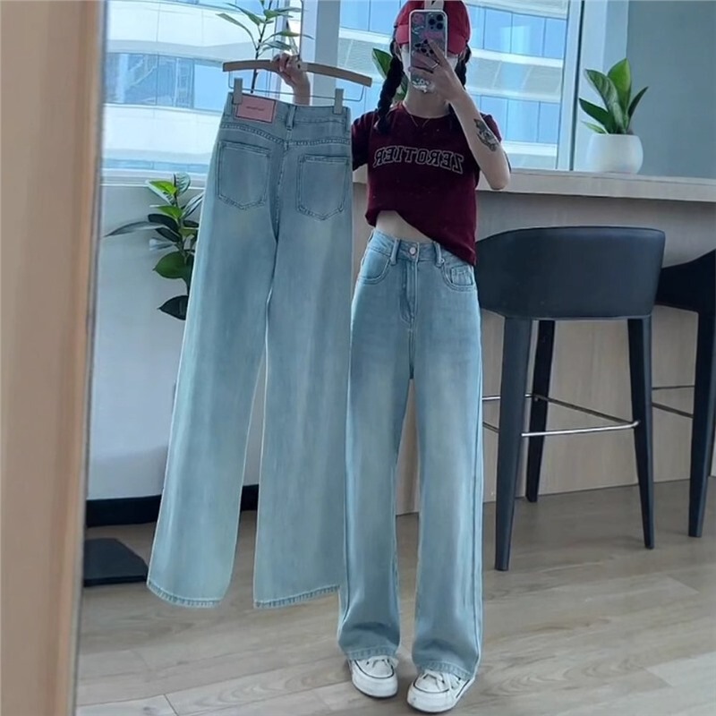 Light Blue Narrow Wide Leg Jeans Women's 2025 Spring Thin Loose High Waist Slimming Straight