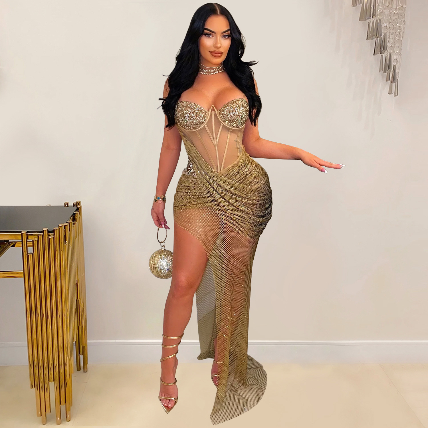 C6883 Aliexpress transfronterizo amazon ropa de moda europea y americana de mujer sexy tela de tela de perforación de cinturón vestido largo image 4