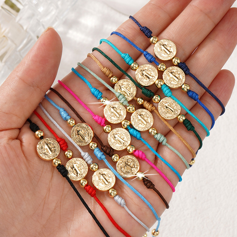 Cross-Border Ins Style Colorfulful Woven Gold Coin Bracelet for Women Wholesale European and American Retro Handmade Rope Religious Pendant Hand Ornaments