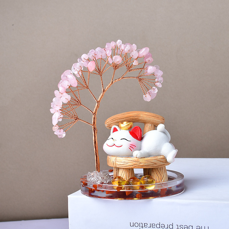 天然水晶フォーチュンツリー招き猫装飾品車ホームオフィスレジデスクトップアクセサリークリスマスギフト|undefined