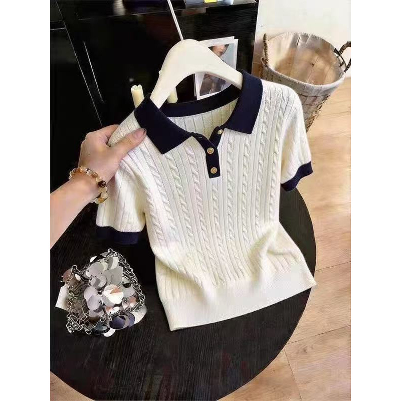 Koreanisches Damen-T-Shirt aus Eisseide, Sommer, dünn, zierlich, Zopfmuster, Kurzarm, Kragen_voghion.com