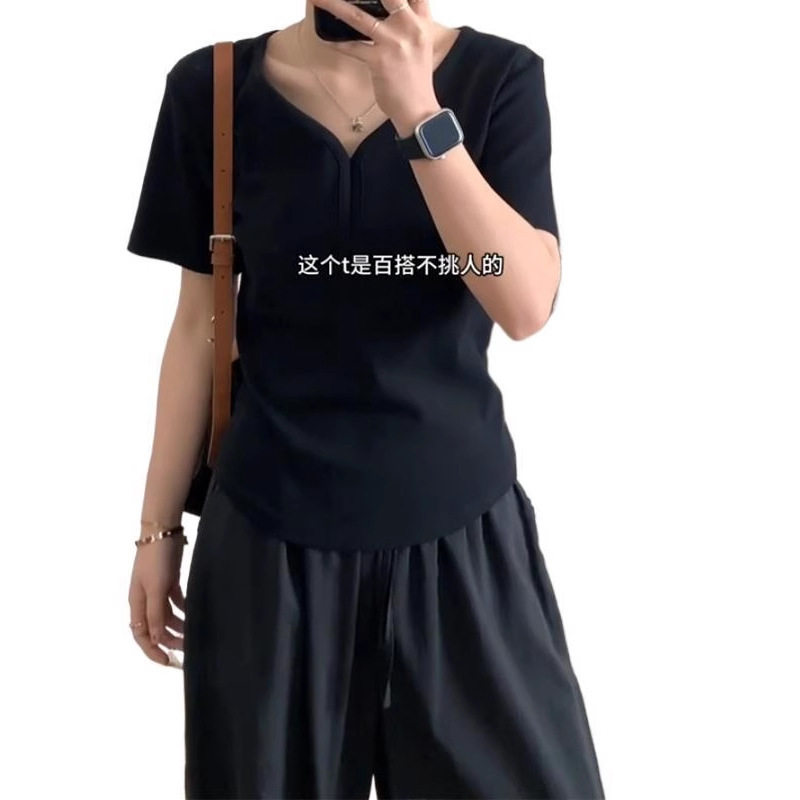 大码不规则v领正肩短袖女t恤夏胖mm遮肚巨显瘦设计感欧货短款上衣|undefined