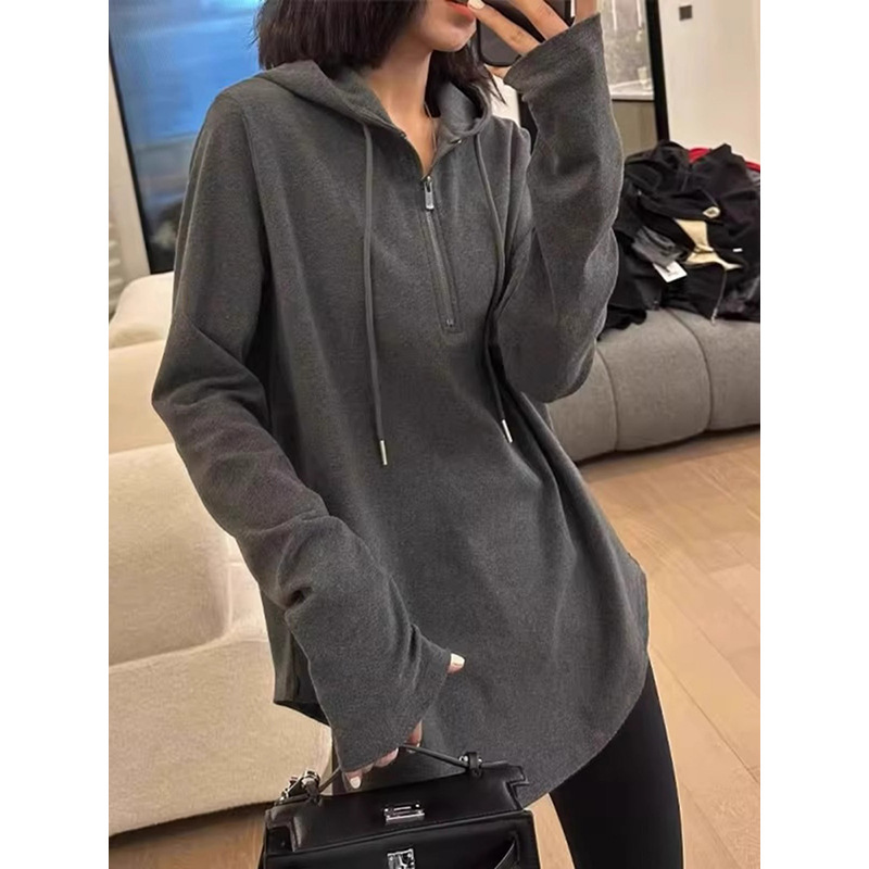 Dark Gray Hooded Long-Sleeved T-Shirt for Women in Autumn and Winter with German Velvet Bottoming Shirt Loose Mid-Length Half-Zip Top Trendy