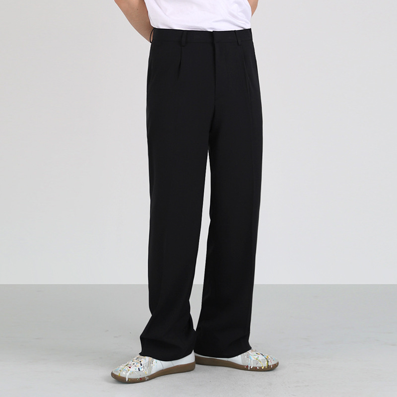 Pantalones de traje de hombre MYQ pantalones de verano estilo coreano de moda delgada suelta pantalones casuales rectos drapeados pantalones de pierna ancha de seda de hielo