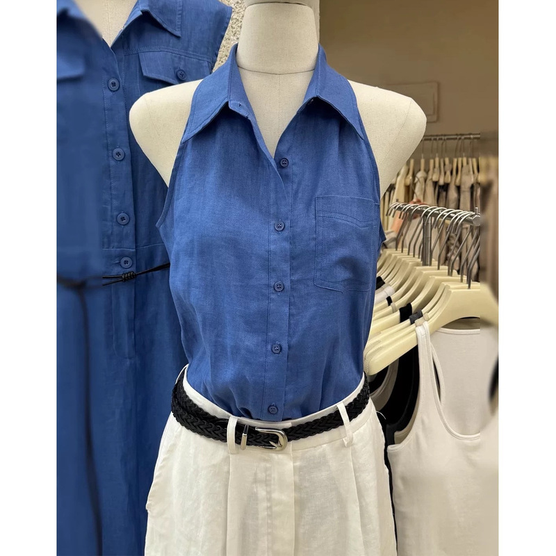 Thirteen Lines 2025 Summer New Hong Kong Style Retro Lapel Breasted Halter Vest Blue Sleeveless Shirt Top for Women