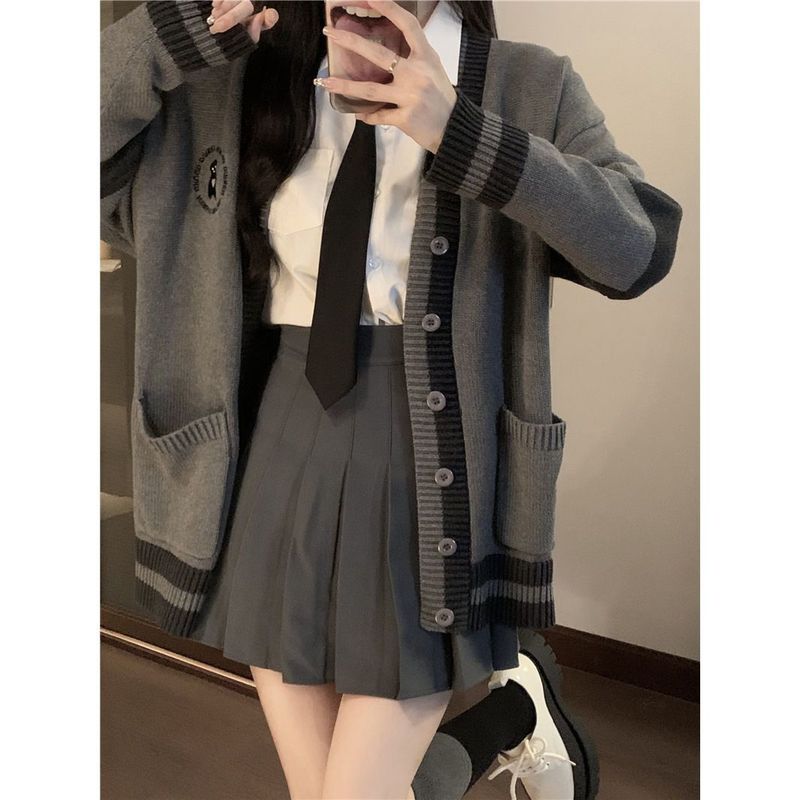 三件套装秋冬季jk制服全套韩系学院风针织开衫毛衣女领带衬衫短裙|undefined