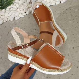 In-Stock European and American Plus-Size 2025 Summer New Hemp Rope Wedge Women's Sandals Casual Peep-Toe Flat Beach Sandals