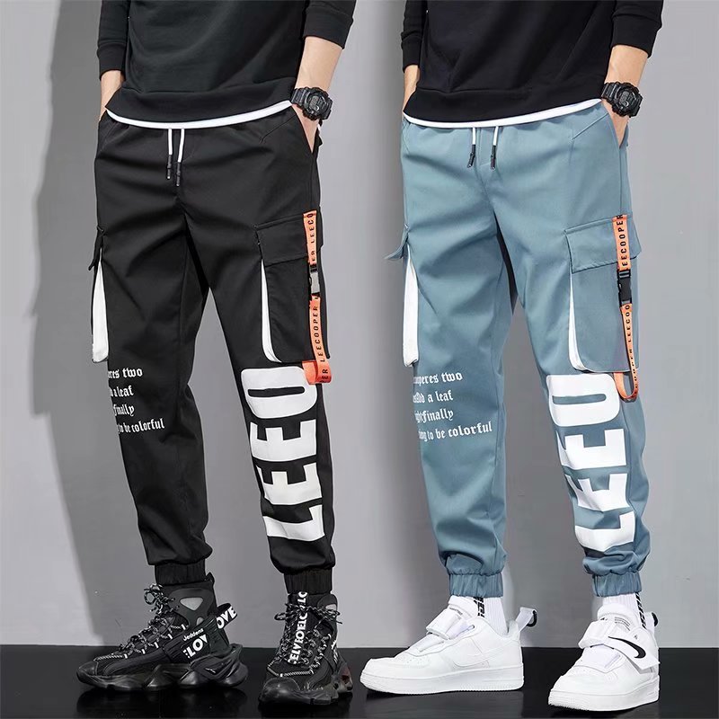 Trendy brand functional overalls men's summer thin trendy letter printed multi-pocket leggings hip-hop casual pants