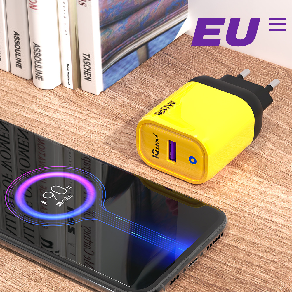 Cargador de protocolo completo USB único para teléfono móvil de 120W, cabezal de carga rápida estándar europeo y americano, puerto USB-A, adaptador para electrodomésticos pequeños