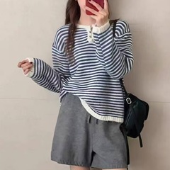 软糯学院风撞色条纹套头毛衣女秋冬季女装圆领慵懒针织衫显瘦上衣