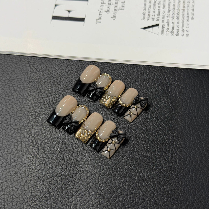 [Namo] European and American Square Black French Wearable Nails Cross-Border Popular Handmade Press-On Manicure Fake Nails
