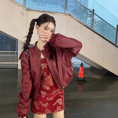 美式安可拉红色皮衣外套高级感2025新款小个子短款夹克机车服外套