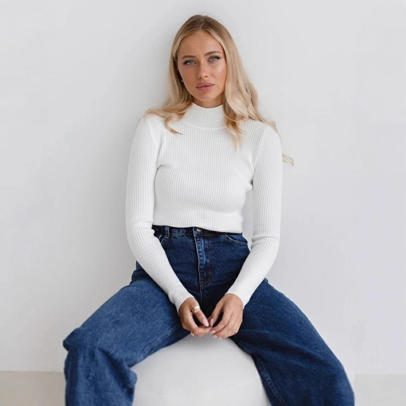 Cross-Border Pure Color Half Turtleneck Sweater European and American 2025 Autumn and Winter Women (24 Colors) Slim Knitted Bottoming Shirt European and American Style Cross-Border Pure Color Half Turtleneck Sweater European and American 2025 Autumn and Winter Women (24 Colors) Slim Knitted Bottoming Shirt European and American Style