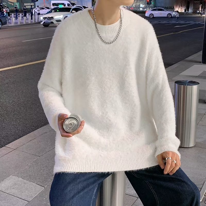 Otoño e Invierno novio estilo engrosado flojo perezoso estilo suéter simple de color sólido cuello redondo suéter blanco estilo coreano de los hombres moda