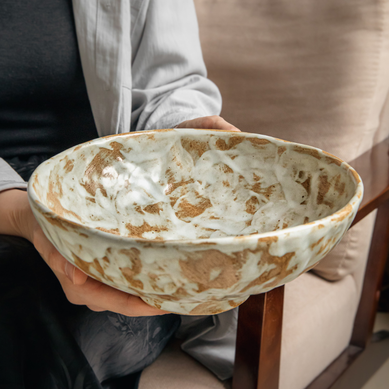 2026 Model Coarse Pottery 8inch High-Footed Bowl, Thickened Vegetable Bowl, Retro Japanese-Style Noodle Bowl