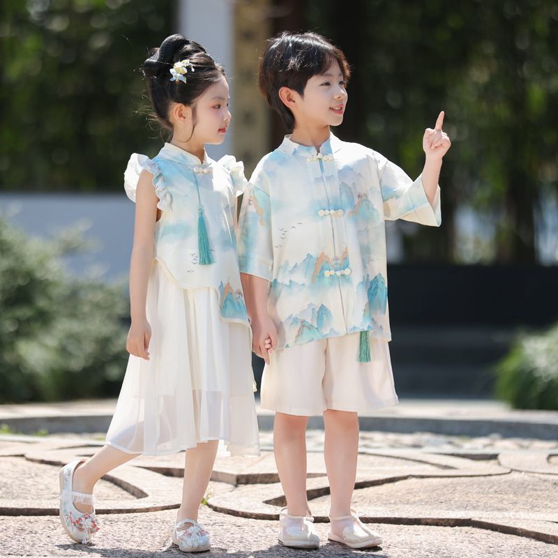 男の子と女の子のための子供用漢服、新しい中国風の漢服半袖スーツ、夏の新しい中国風の唐スーツ、中国学のパフォーマンススーツ|undefined