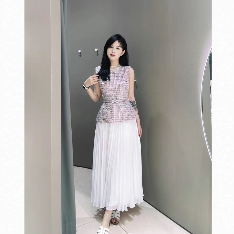 Sp Home 25 Autumn Little Fragrance Style Diamond Bow Tweed Patchwork Waist-Cinching Dress