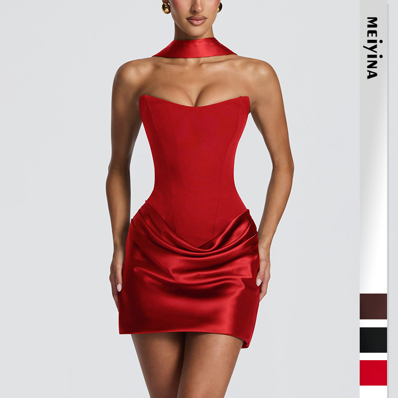 2026 European and American Cross-Border Women's Fashion New Sexy Ruched Slim-Fit Dress, Slimming and Elegant Tie-Up Gown Short Dress 2026 European and American Cross-Border Women's Fashion New Sexy Ruched Slim-Fit Dress, Slimming and Elegant Tie-Up Gown Short Dress