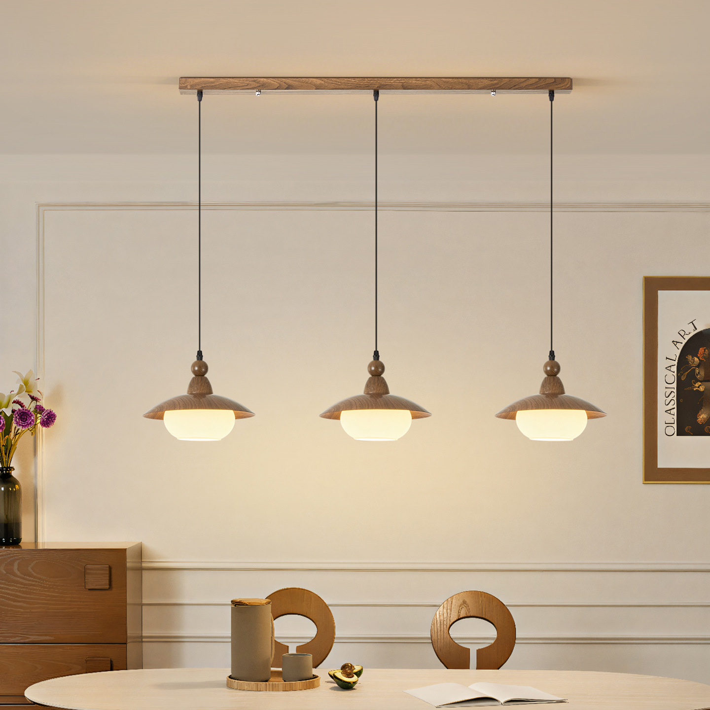 Lámpara del restaurante de tres extremos platillos voladores 2026 nueva mesa de comedor de estilo retro francés de nuez Zhongshan lámparas 713L
