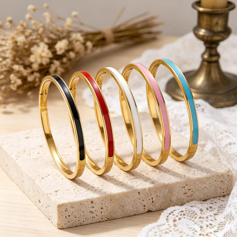 Cross-Border Popular Titanium Steel Bracelet 4mm Narrow Version 18K Gold Color Resin Colorful Enamel Fashion Women's Clasp Bracelet Cross-Border Popular Titanium Steel Bracelet 4mm Narrow Version 18K Gold Color Resin Colorful Enamel Fashion Women's Clasp Bracelet