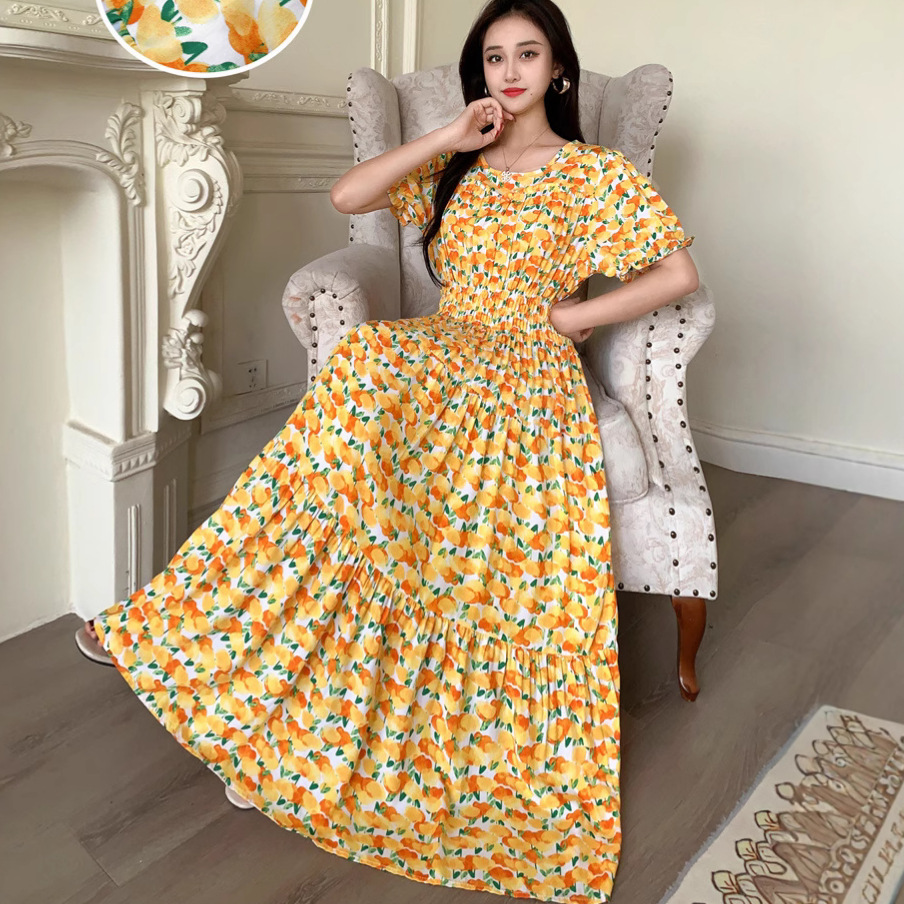 2025年夏季新款棉绸沙滩连衣裙圆领旅游海边度假长裙子女沙滩裙