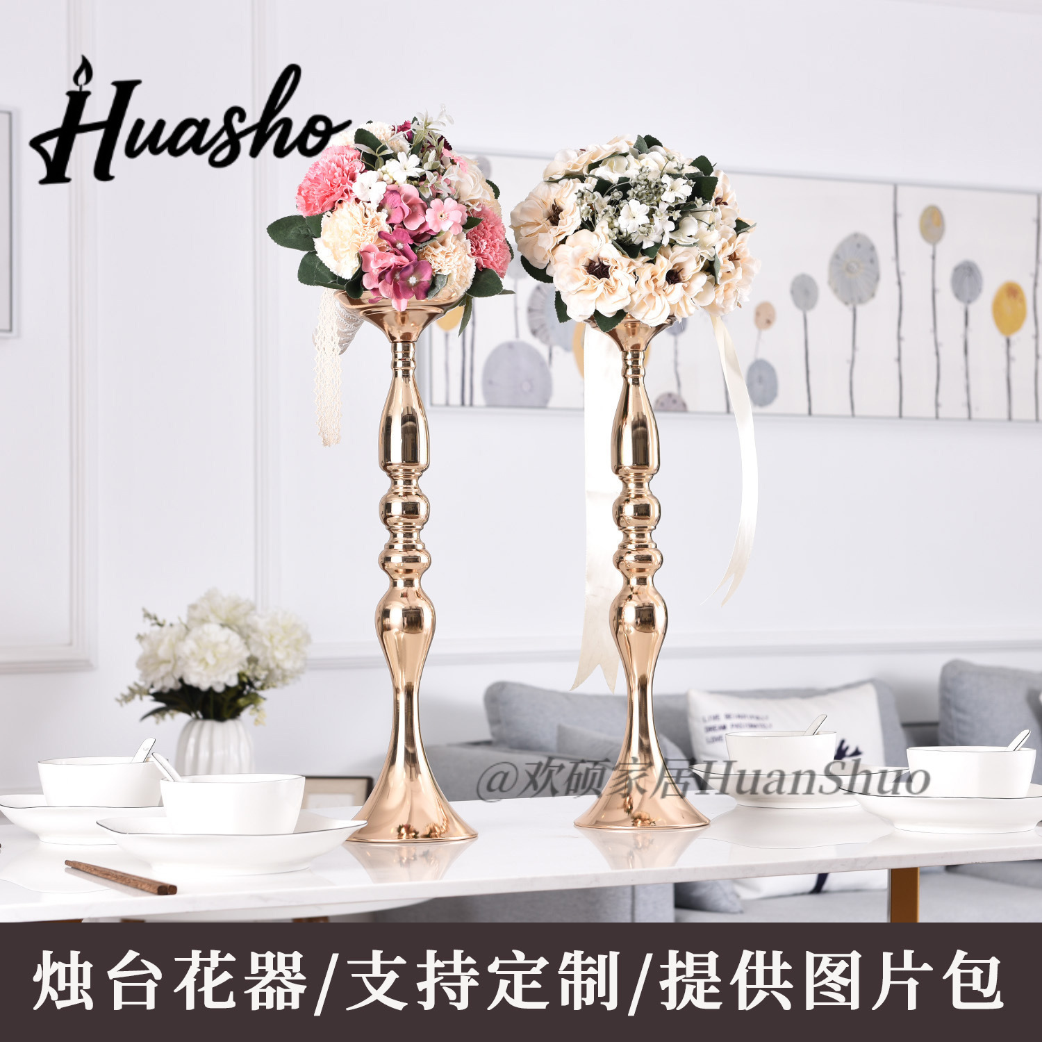 European -style golden candlestick wedding table flower road flower…
